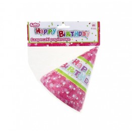 Czapeczki papierowe Happy Birthday różowe-6 sztuk