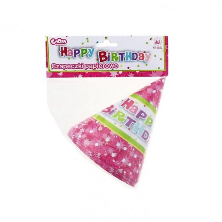 Czapeczki papierowe Happy Birthday różowe-6 sztuk